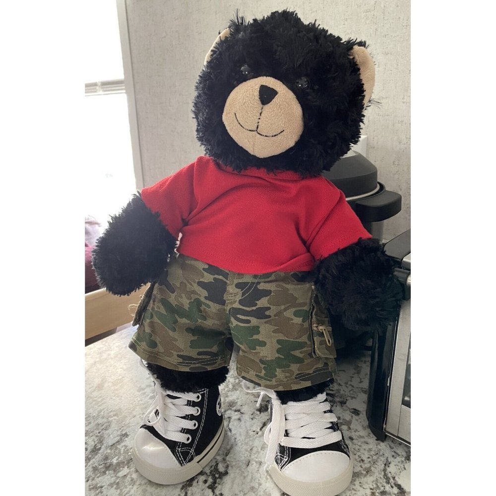 Build A Bear BLACK BEAR With Camouflage Shorts Red Shirt Approx. 17”